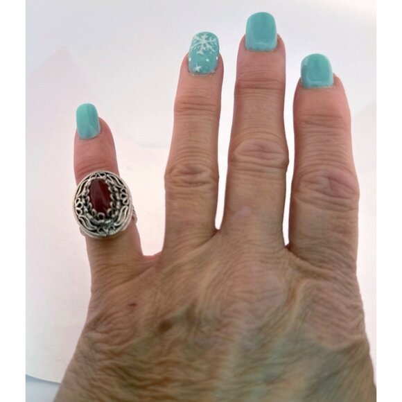 Vintage Sterling Silver 925 Red Oval Cabochon Statement Ring Size 6 Turkey - Picture 5 of 11